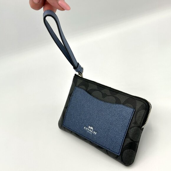 EUC Coach Corner Zip Wristlet with Metallic Navy Colorblock (Black Smoke/Silver) - Picture 9 of 16